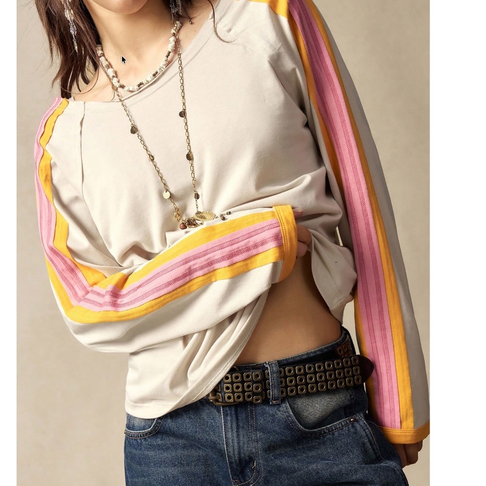 Cotton Color Block Round Neck Striped Long Sleeve top